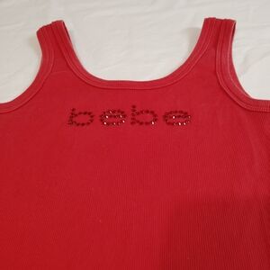 bebe Red Ribbed Tank with Rhinestone Logo Detail